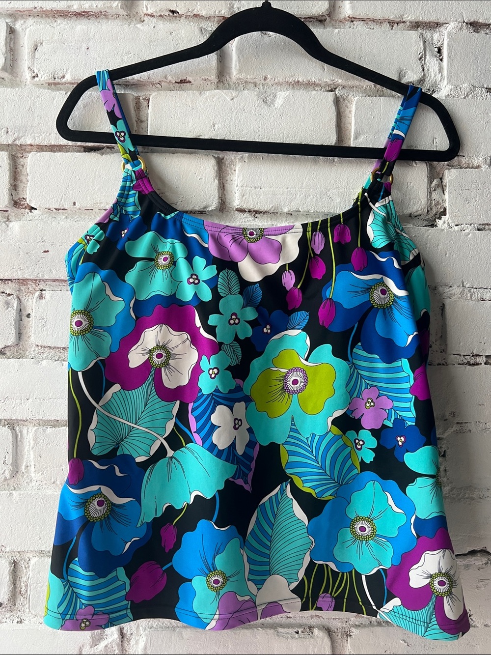 Floral Print Spaghetti Strap Tankini Top - Blue Multi abstract floral print